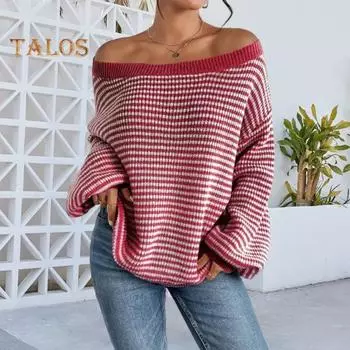 Женский свитер с открытыми плечами, свободный, с длинным рукавом, трикотажный пуловер, свободный крой, полосатый принт, мягкий, эластичный трикотажный топ XL синий