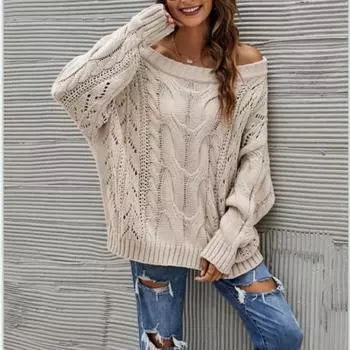 Женский свитер с открытыми плечами, трикотаж, выдолбленный, с переплетением, женский свободный винтажный пуловер S хаки