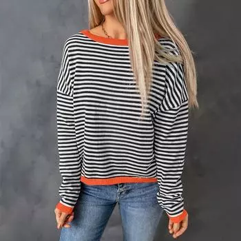 Женский свитер с открытыми плечами в контрастную полоску, свободная и универсальная блузка с длинными рукавами XXL