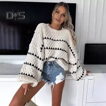 Женский свитер с полосатым принтом, свободный крой, трикотажный джемпер с круглым вырезом и длинным рукавом, осень-зима, утолщенный теплый трикотаж S чёрный