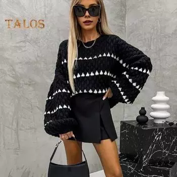 Женский свитер с полосатым принтом, свободный крой, трикотажный джемпер с круглым вырезом и длинным рукавом, осень-зима, утолщенный теплый трикотаж S чёрный