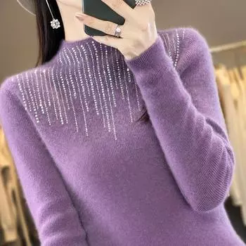 Женский свитер с полуводолазкой, кашемир Цинхэ, 30% кашемир, 70% шерсть, зимний вязаный пуловер с ромбовидными заклепками, осенний свитер, кашемировый свитер L бежевый