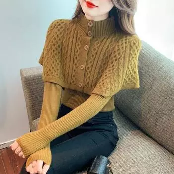 Женский свитер с полуводолазкой, топ с длинными рукавами, костюм из двух частей с шалью, осень-зима 2023 года, новый свитер в стиле вестерн с перекрученным низом One size чёрный