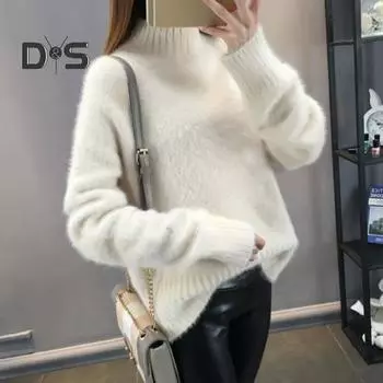 Женский свитер с полувысоким воротником и длинным рукавом, однотонный трикотажный топ свободного кроя с ребристой отделкой, утолщенный трикотаж