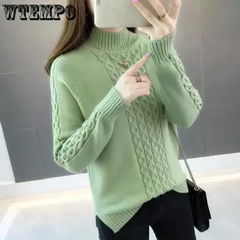 Женский свитер с полувысоким воротом, однотонный базовый свитер, свободный свитер с полувысоким воротом, вязаный свитер для улицы на осень и зиму S белый