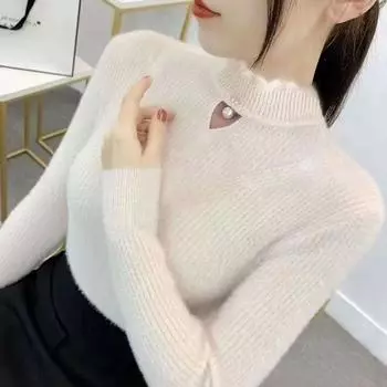 Женский свитер с полувысоким воротом в корейском стиле с подвеской на осень и зиму в качестве основы, облегающий крой и универсальный трикотажный верх one size белый