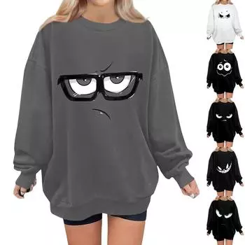 Женский свитер с принтом Expression, круглый вырез, спущенные плечи, длинный рукав, толстовка L чёрный