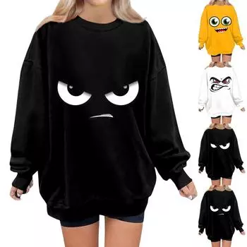 Женский свитер с принтом Expression, круглый вырез, спущенные плечи, длинный рукав, толстовка L чёрный