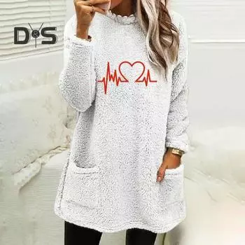 Женский свитер с принтом сердца, свободный длинный рукав, толстый круглый вырез с карманами, мягкий теплый пуловер средней длины, женский свободный топ L чёрный