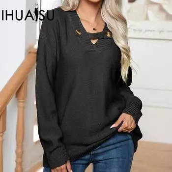 Женский свитер с пуговицами IHUASU, свободный трикотаж с длинным рукавом на осень и зиму S темные хаки