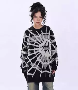 Женский свитер с рисунком паука Y2k, уличная одежда в стиле Харадзюку, вязаный пуловер большого размера в стиле гранж, зимние топы для пар в стиле хип-хоп M чёрный