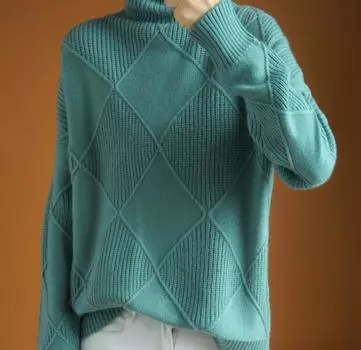 Женский свитер с ромбовидным узором и высоким воротом - Свободный крой, Осенне-зимний трикотаж, Верхняя одежда с длинным рукавом, Стиль корейской моды. XXXL