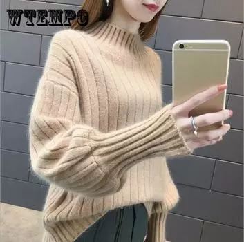 Женский свитер с рукавом-фонариком и половиной высокого воротника, новый стильный пуловер, свободный модный зимний вязаный базовый слой, женская весна и осень S белый