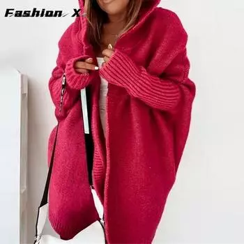 Женский свитер с рукавом «летучая мышь», свободный свитер с капюшоном, женский трикотаж с капюшоном S чёрный