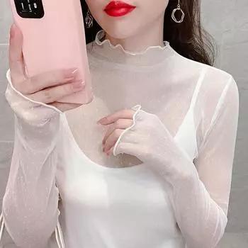 Женский свитер с сетчатой основой и полувысоким воротником на осень и зиму с кучей воротников и марлей под сексуальным кружевным топом S