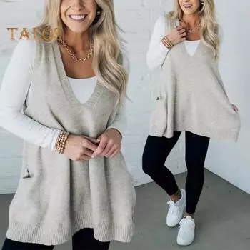 Женский свитер с V-образным вырезом, без рукавов, однотонный вязаный жилет с карманами, ребристая отделка, свободный крой, средняя длина, повседневный трикотаж S серый