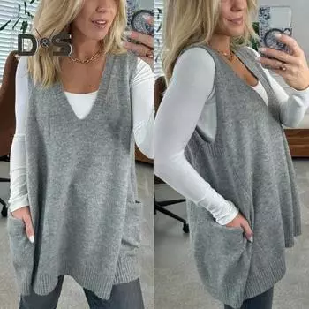 Женский свитер с V-образным вырезом, без рукавов, однотонный вязаный жилет с карманами, ребристая отделка, свободный крой, средняя длина, повседневный трикотаж S серый
