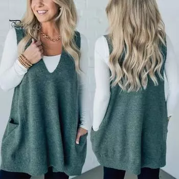 Женский свитер с V-образным вырезом, без рукавов, однотонный вязаный жилет с карманами, ребристая отделка, свободный крой, средняя длина, повседневный трикотаж S верблюд