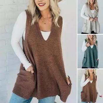Женский свитер с V-образным вырезом, без рукавов, однотонный вязаный жилет с карманами, ребристая отделка, свободный крой, средняя длина, повседневный трикотаж S зелёный