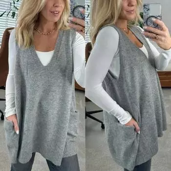 Женский свитер с V-образным вырезом, без рукавов, однотонный вязаный жилет с карманами, ребристая отделка, свободный крой, средняя длина, повседневный трикотаж M светло-серый