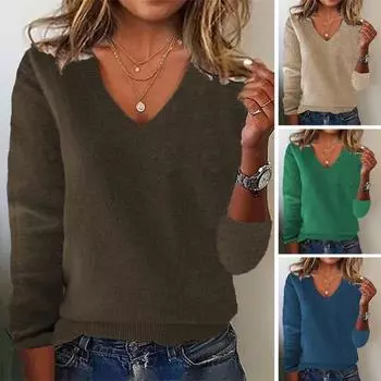 Женский свитер с V-образным вырезом, длинным рукавом, ребристой отделкой, пуловер, трикотажные топы, повседневный свободный нарядный свитер, повседневная одежда XXL зелёный