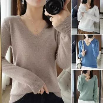 Женский свитер с V-образным вырезом, длинным рукавом, однотонный трикотажный топ, стандартный крой, эластичный джемпер, эластичный трикотаж XL