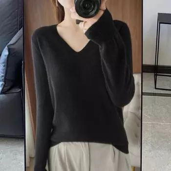 Женский свитер с V-образным вырезом, длинным рукавом, однотонный трикотажный топ, стандартный крой, эластичный джемпер, эластичный трикотаж XL