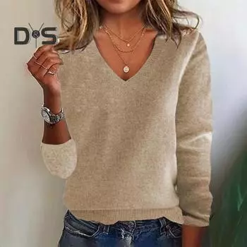 Женский свитер с V-образным вырезом, длинным рукавом, ребристой отделкой, пуловер, трикотажные топы, повседневный свободный нарядный свитер, повседневная одежда L кофейный