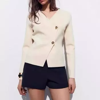 Женский свитер с V-образным вырезом, двумя пуговицами, нестандартной формы, с длинными рукавами, однотонный, осенний шикарный, тонкий, теплый кардиган, женский свитер, элегантный S белый