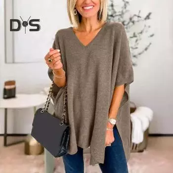 Женский свитер с V-образным вырезом, фасон «летучая мышь», без рукавов, свободный покрой, повседневный топ, однотонный, с высоким и низким подолом, вязаный свитер на осень-зиму M светло-серый