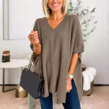 Женский свитер с V-образным вырезом, фасон «летучая мышь», без рукавов, свободный покрой, повседневный топ, однотонный, с высоким и низким подолом, вязаный свитер на осень-зиму M светло-серый