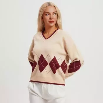 Женский свитер с V-образным вырезом и ромбовидной вязкой ранней осени M абрикосовый