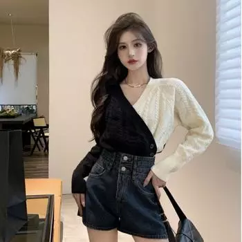 Женский свитер с v-образным вырезом и крестиком, уникальный дизайн, осенне-зимний корейский черно-белый контрастный вязаный свитер, пуловер One Size чёрный