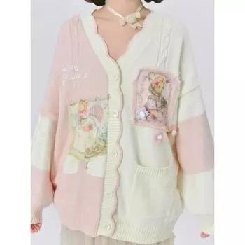 Женский свитер с V-образным вырезом и принтом в виде мультфильма, кардиган, куртка 2024 года, осень-зима, новый милый свободный нежный стиль, вязаный топ S розовый