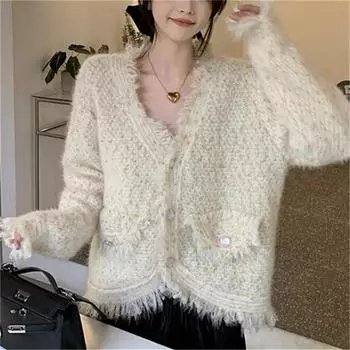 Женский свитер с V-образным вырезом и кисточками, дизайнерская куртка 2024 года, новый ленивый однорядный вязаный кардиган, женский топ One Size