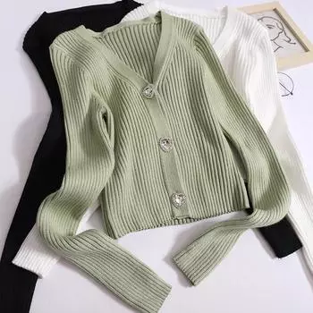 Женский свитер с V-образным вырезом и ромбовидной пуговицой, кардиган, осенняя облегающая офисная короткая трикотажная рубашка, однотонная куртка с длинными рукавами, женское повседневное пальто One Size зелёный