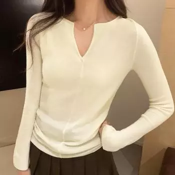 Женский свитер с V-образным вырезом и правым плечом, однотонный, с длинными рукавами, новый корейский стиль, облегающий, с низом S