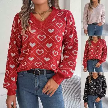 Женский свитер с V-образным вырезом и длинным рукавом, с ребристым узором, пуловер, джемпер с узором в виде сердца, трикотажные топы S розовый