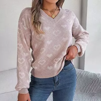 Женский свитер с V-образным вырезом и длинным рукавом с ребристой отделкой, пуловер, джемпер с узором в виде сердца, трикотажные топы на каждый день S розовый