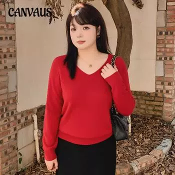 Женский свитер с V-образным вырезом и низом из шерстяной вязки больших размеров XL чёрный