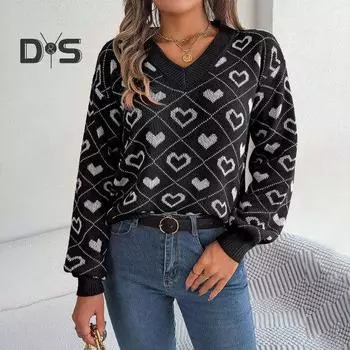 Женский свитер с V-образным вырезом и длинным рукавом с ребристой отделкой, пуловер, джемпер с узором в виде сердца, трикотажные топы для повседневной носки S чёрный