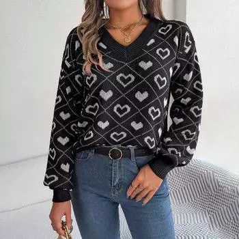 Женский свитер с V-образным вырезом и длинным рукавом с ребристой отделкой, пуловер, джемпер с узором в виде сердца, трикотажные топы для повседневной носки M розовый
