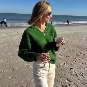 Женский свитер с V-образным вырезом и заниженной линией плеч из смеси шерсти, осень/зима 2024 г. M белый