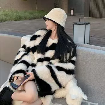 Женский свитер с v-образным вырезом из искусственного меха норки с рисунком зебры, осенне-зимний свободный вязаный свитер, пуловер, женское пальто с мехом One Size серый