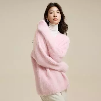 Женский свитер с V-образным вырезом из перуанской розовой альпаки — мягкий, теплый, идеально подходит для осени и зимы. One Size светло-серый