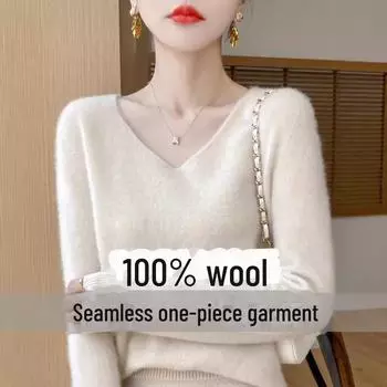 Женский свитер с V-образным вырезом из 100% чистой шерсти - вязаный свободный крой на осень/зиму L