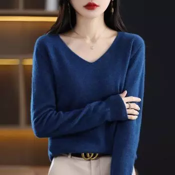 Женский свитер с v-образным вырезом, кашемир Цинхэ, 30% кашемир, 70% шерсть, зимний вязаный пуловер, осенний свитер, кашемировый свитер