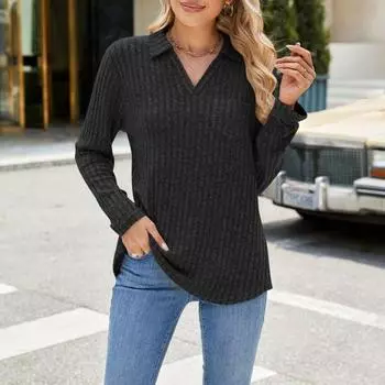 Женский свитер с V-образным вырезом, лацканами, нагрудным карманом, длинным рукавом, однотонный трикотажный топ в рубчик S светло-серый