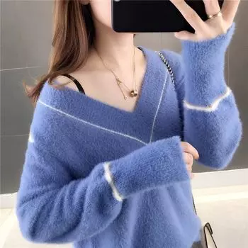 Женский свитер с V-образным вырезом на осень и зиму, мягкий и свободный, на основе трикотажного полотна, можно носить на улице. S розовый