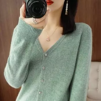 Женский свитер с V-образным вырезом, однотонный трикотажный свитер на весну и осень, с длинными рукавами, короткий кардиган, тонкий облегающий свитер XL